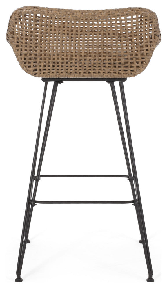 Pondway Outdoor Wicker/Iron Barstools, Set of 2, Beige/Light Brown/Black