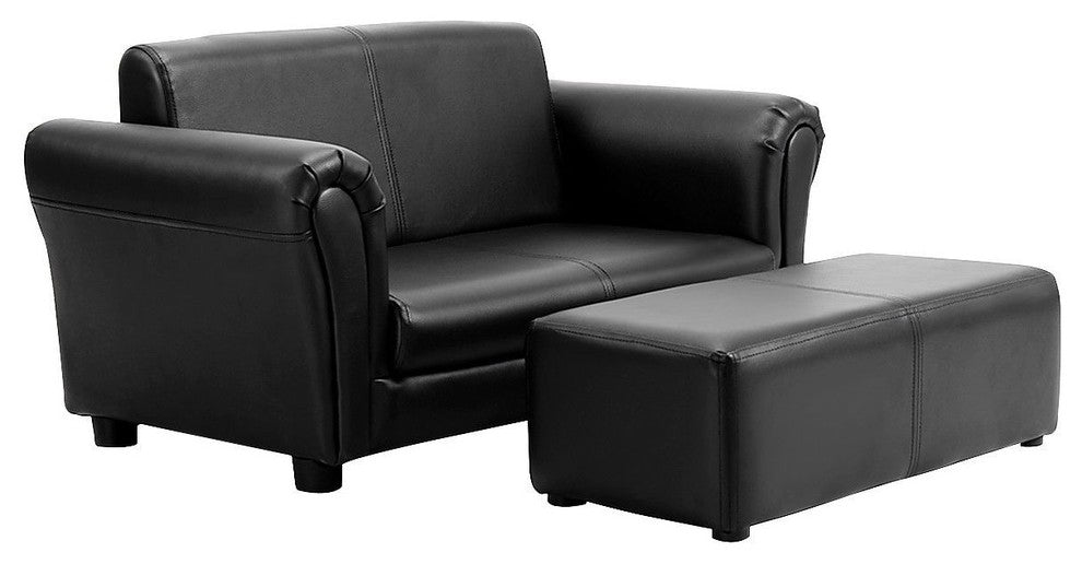 Modern Kids Double Sofa With Ottoman, Black