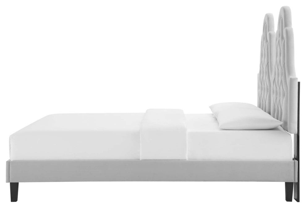Tufted Platform Bed Frame, Full Size, Velvet, Gray, Modern Contemporary