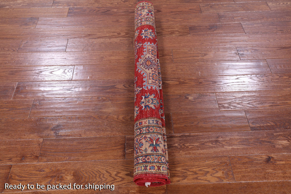 Geometric Super Kazak Hand-Knotted Wool Rug 4' 2" X 5' 6" Q10263
