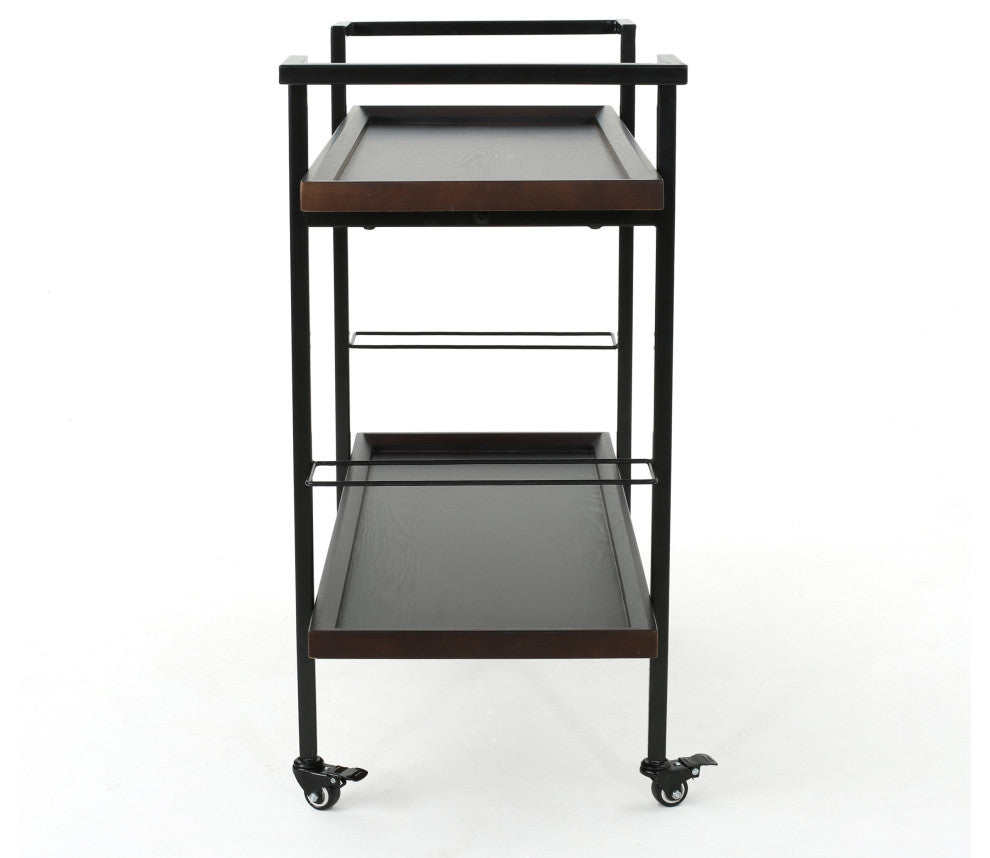 GDF Studio Modern Industrial 2-Tier Wood Bar Cart with Wheels, Dark Walnut