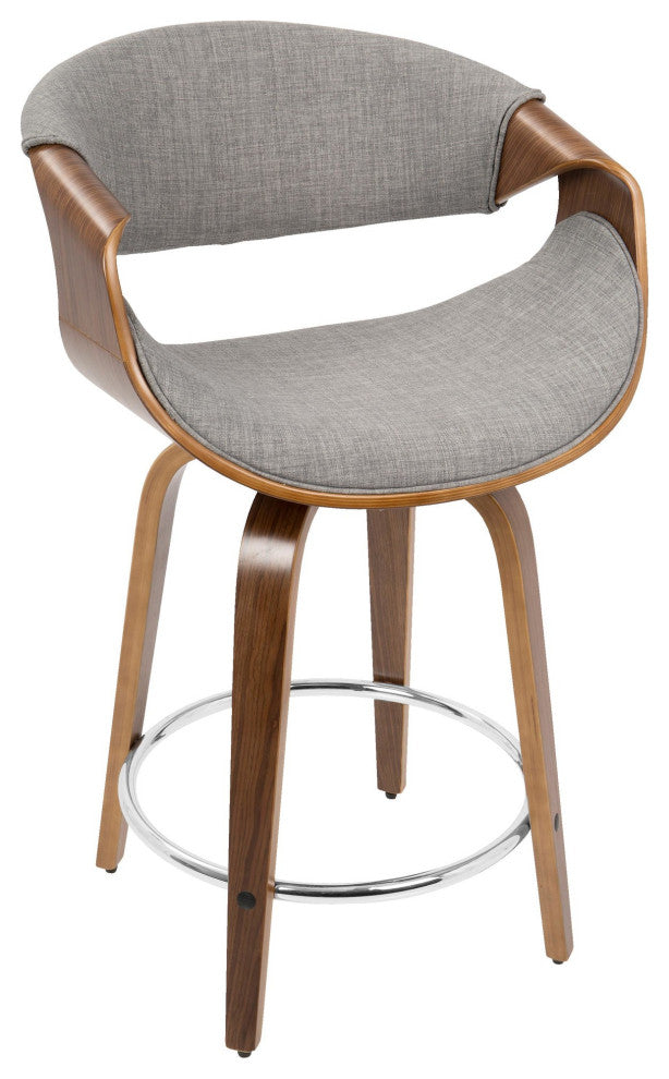 Curvini 24'' Counter Stool, Set of 2, Walnut Wood/Light Gray Fabric/Chrome