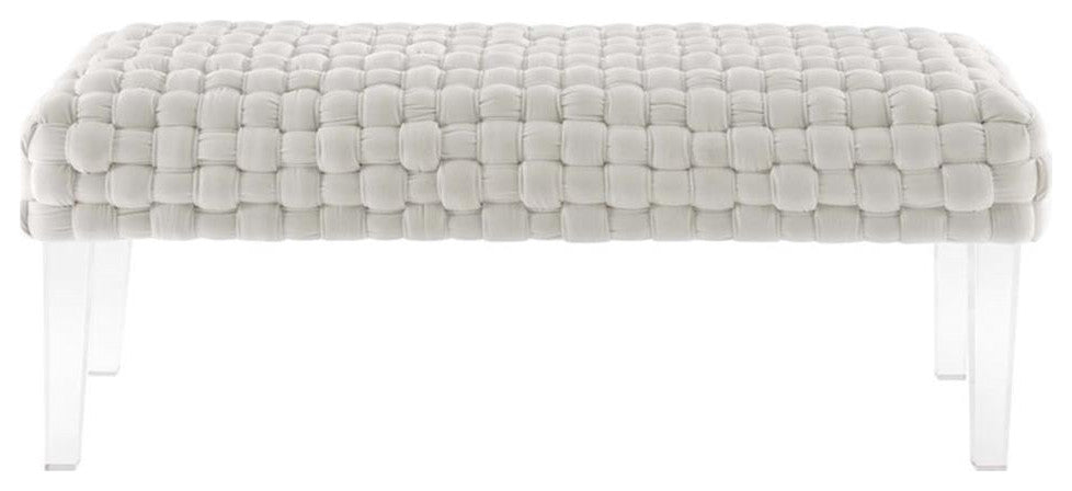 Prologue Woven Performance Velvet Ottoman, White