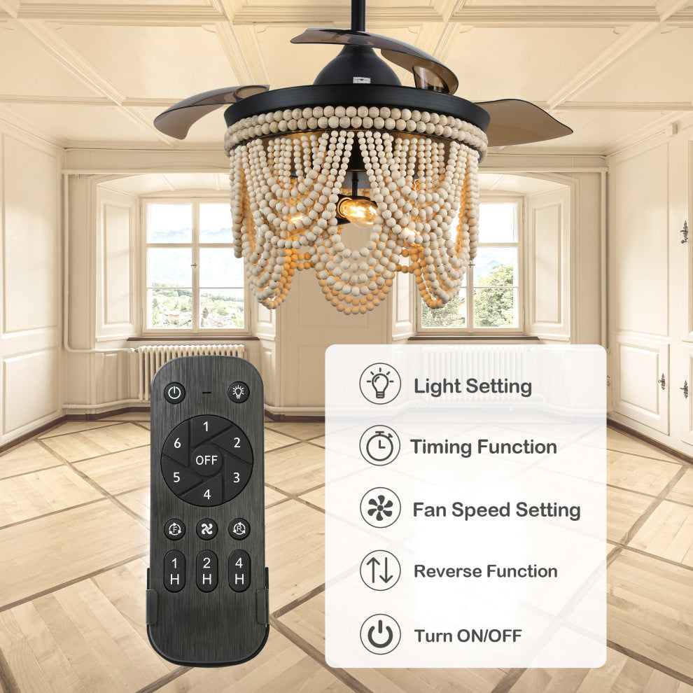 42" BoHo Ceiling Fanlight with Retractable Blades and Wooden Beads Accents, Black