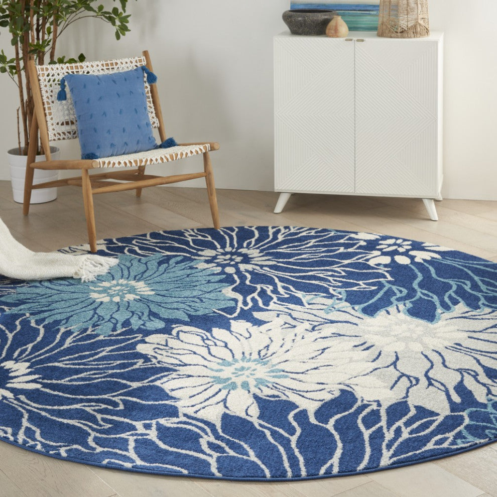 8' Blue And Ivory Round Floral Dhurrie Area Rug