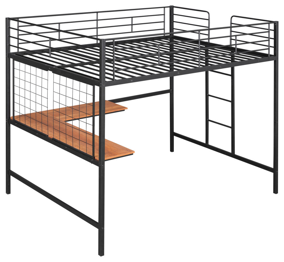 TATEUS Metal Loft Bed With Desk, Sturdy Metal Frame Guardrails Work and Play, Black, Full