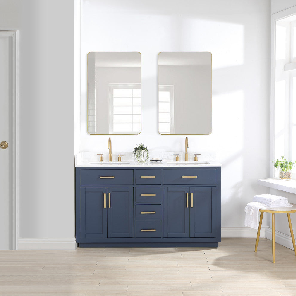 Gavino Vanity With Grain White Composite Stone Top, Royal Blue/Brushed Gold, 60", No Mirror