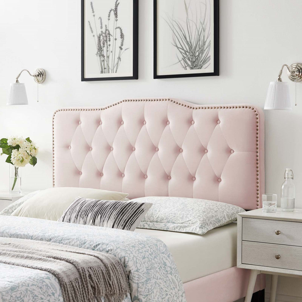 Tufted Headboard, King Size, Velvet, Pink, Modern Contemporary, Bedroom Master