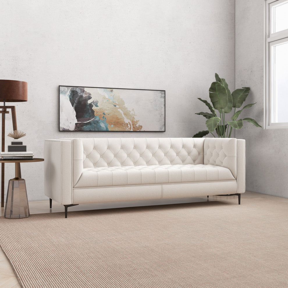 Houston Mid-Century Modern Luxury Chesterfield French Boucle Sofa, Cream