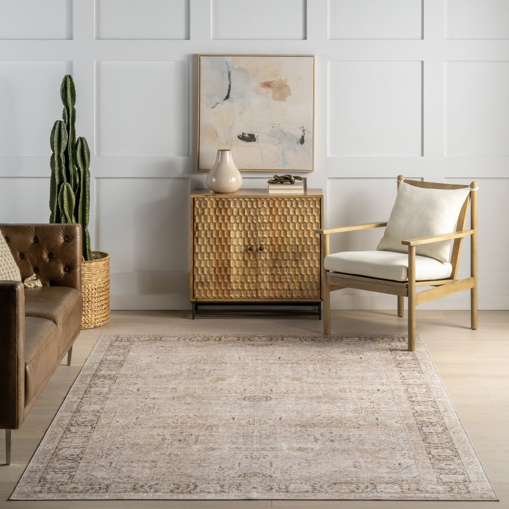 Bayberry Spill Proof Vintage Machine Washable Area Rug, Sand 2'6"x10'