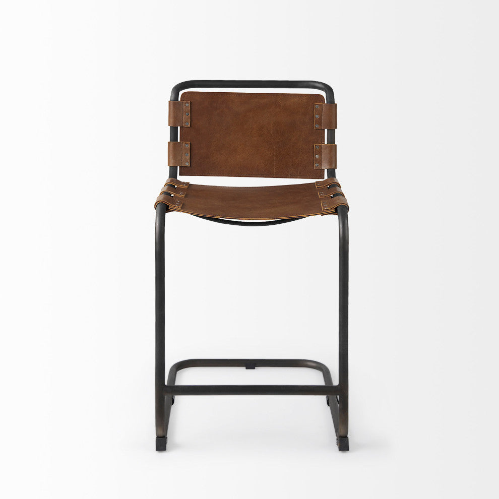 Berbick 20.5 x 24.75 x 39 Medium Brown Leather With Iron Frame Counter Stool