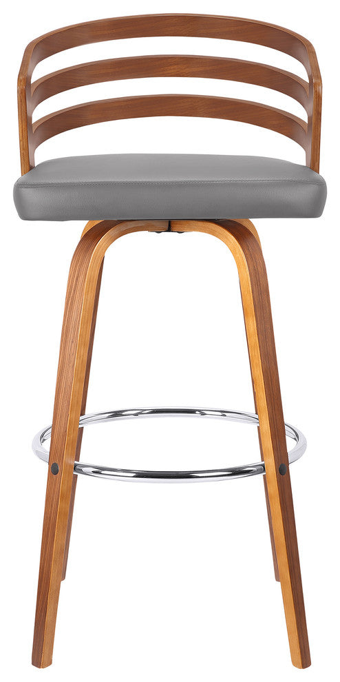 Aberdeen 26" Mid-Century Swivel Counter Stool, Gray Faux Leather With Walnut