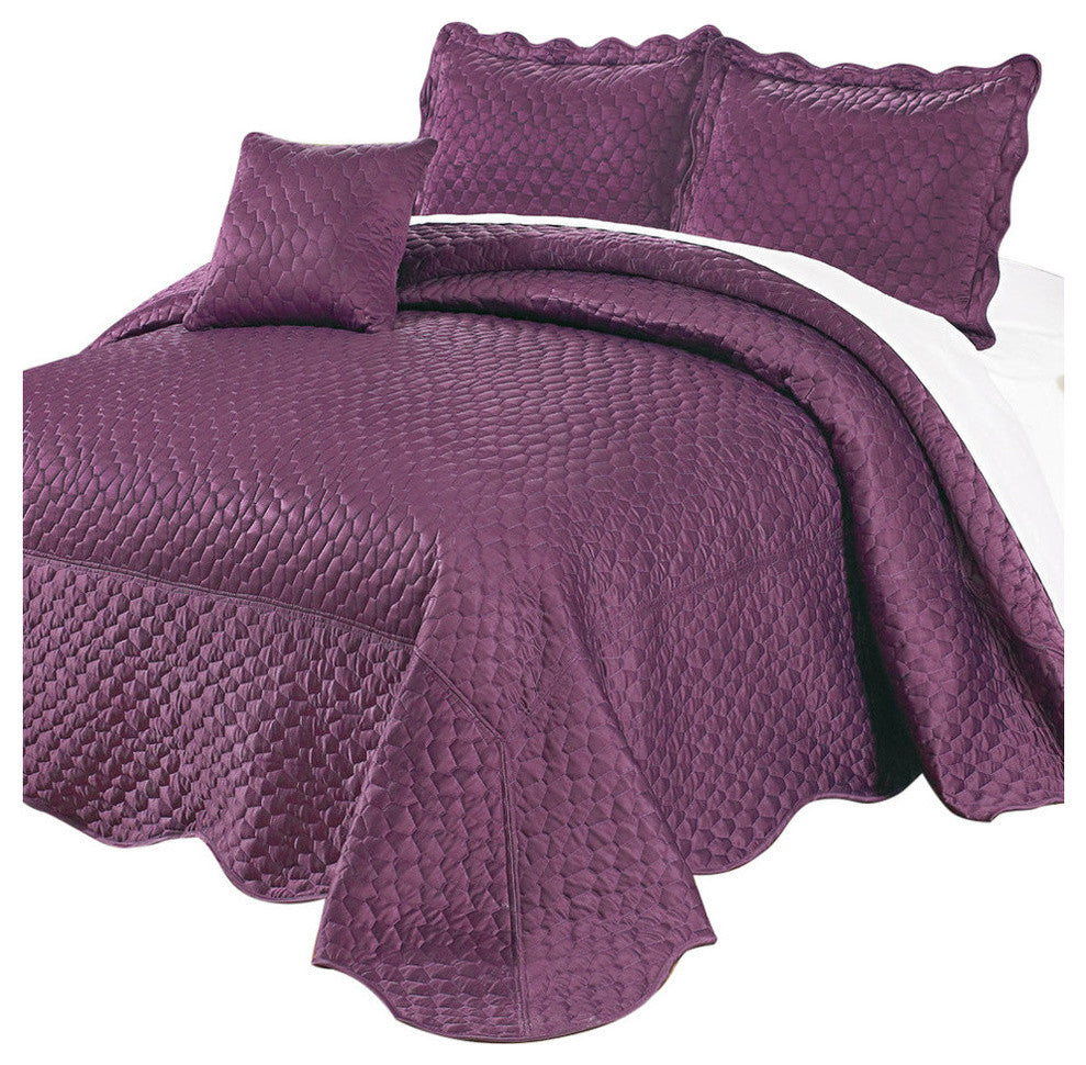 Matte Satin Quilted 4 Piece Bedspread Set, Prune Purple, Queen
