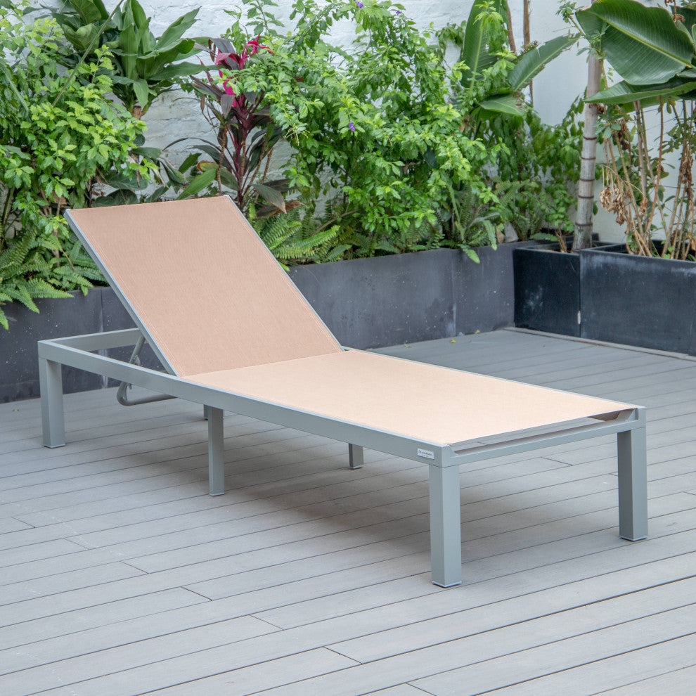 LeisureMod Marlin Gray Patio Chaise Lounge Chair with Fire Pit Table, Light Brown