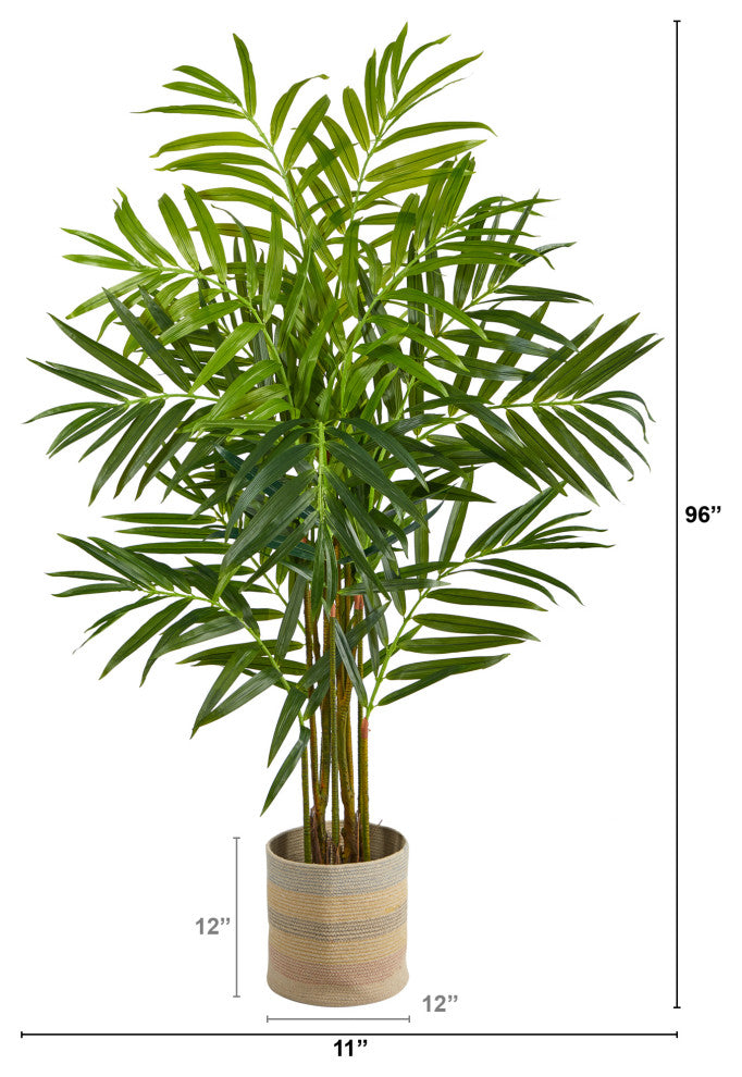 8' King Palm Artificial Tree, Handmade Natural Cotton Multicolored Woven Planter