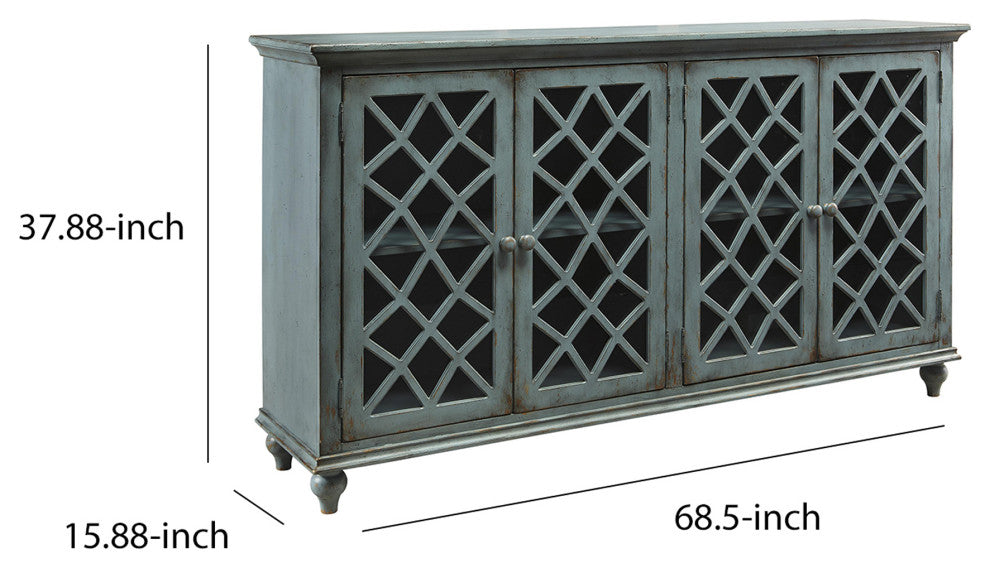 Benzara BM210796 Lattice Design 4 Door Cabinet With Glass Inserts, Teal Blue