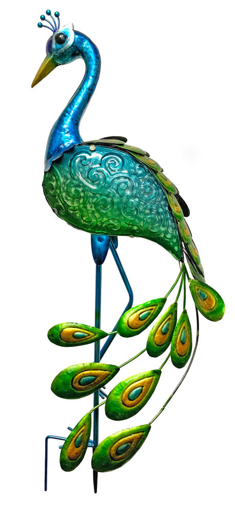 Double Sided Glass and Metal Solar Peacock Outdoor Garden Stake