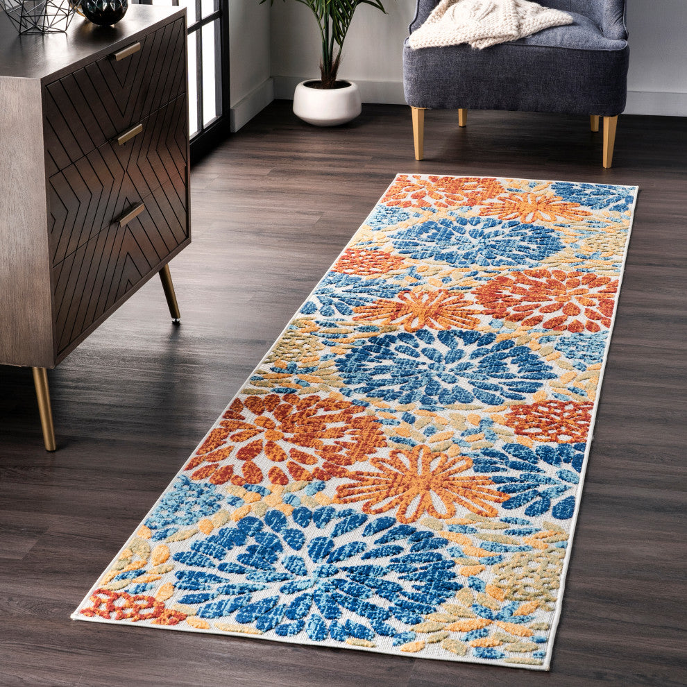 Nuloom Indoor/Outdoor Floret Boho Country and Floral, Blue 2'6"x8'