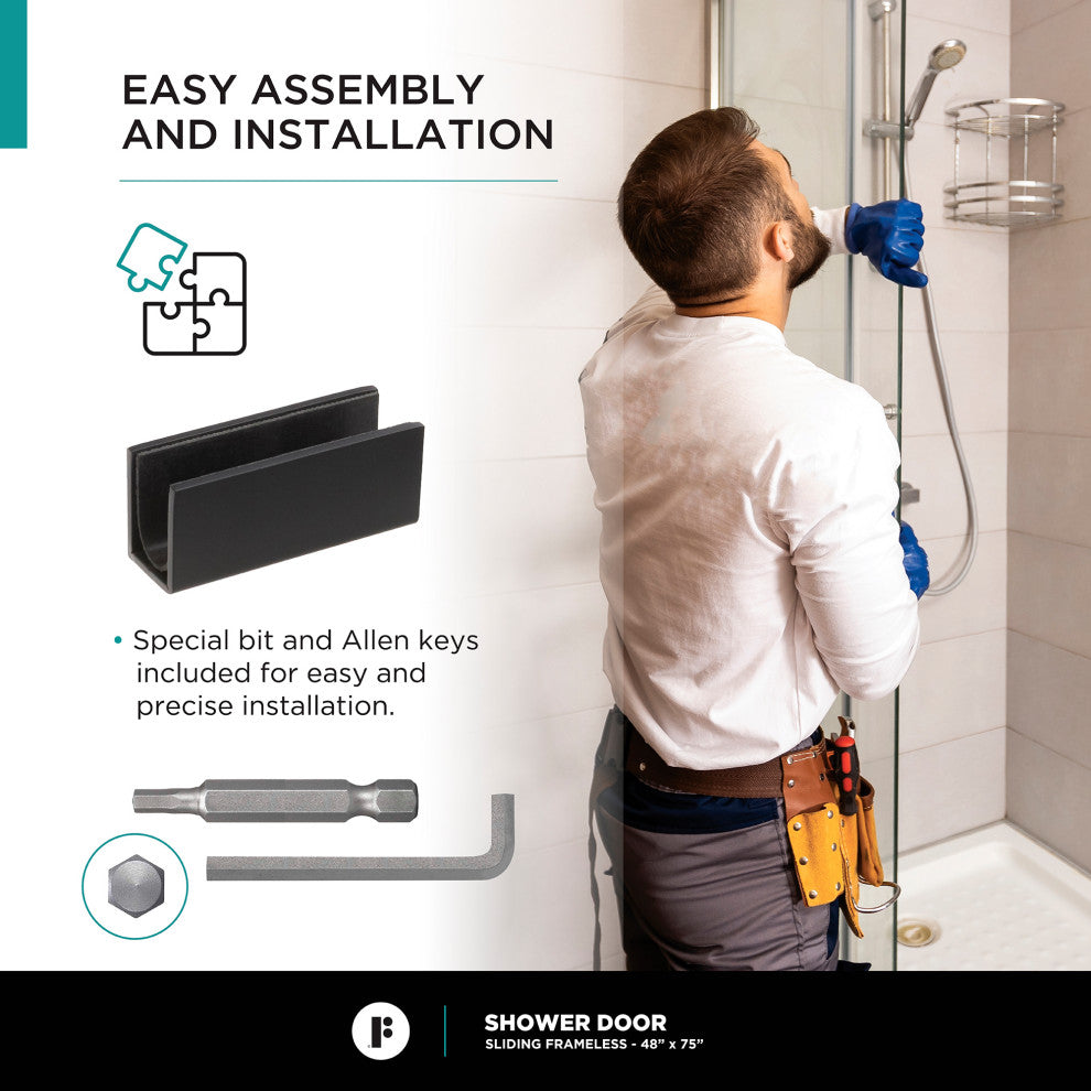 Frameless Clear Sliding Shower Door With Tempered Glass - Shower Bathroom Door, Black, 48" X 75", Single Sliding Door