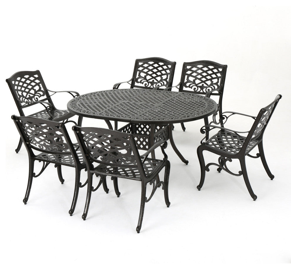 GDF Studio 7-Piece Clarisse Outdoor Finished Aluminum Dining Set, Hammered Bronze