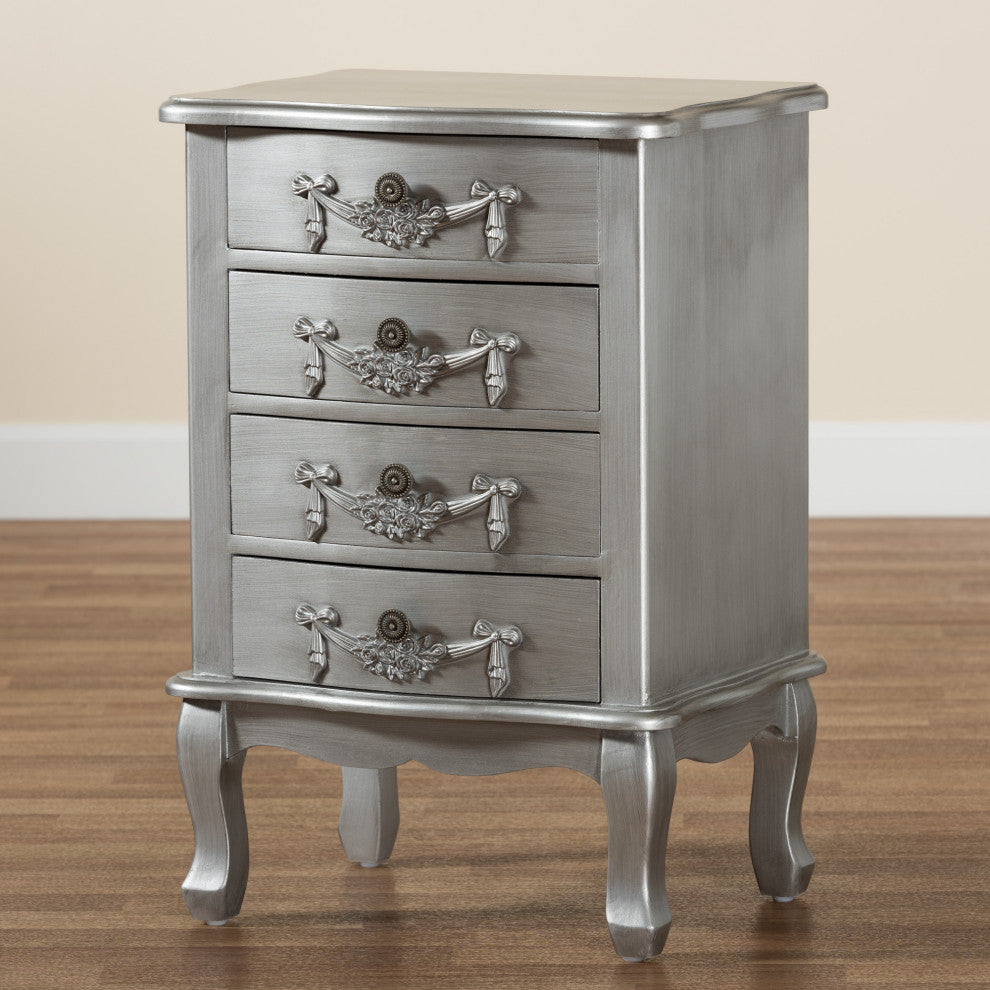 Callen Classic and Traditional Brushed Silver Finished Wood 4-Drawer Nightstand