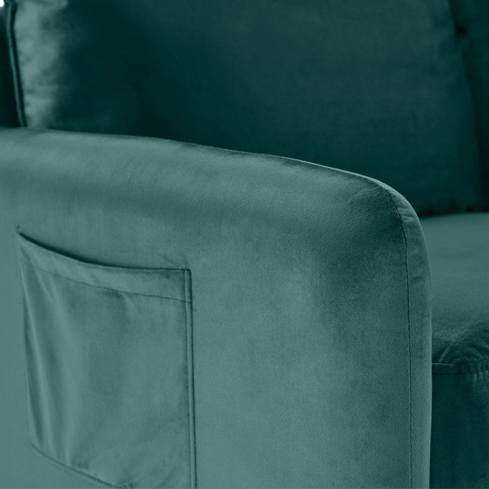 Teal Contemporary Velvet Sofa With Side Pockets