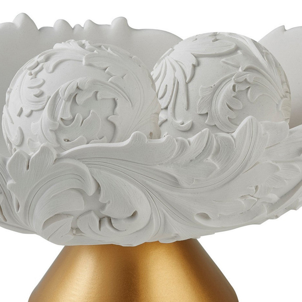 Benzara BM240863 Bowl With Baroque Scroll Design With 2 Spheres, White