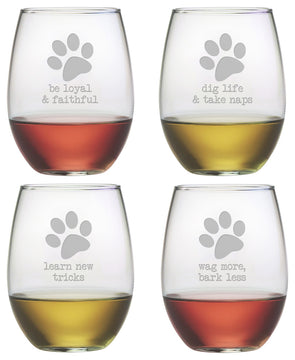 Dog Wisdom 4-Piece Stemless Wine Glass Set