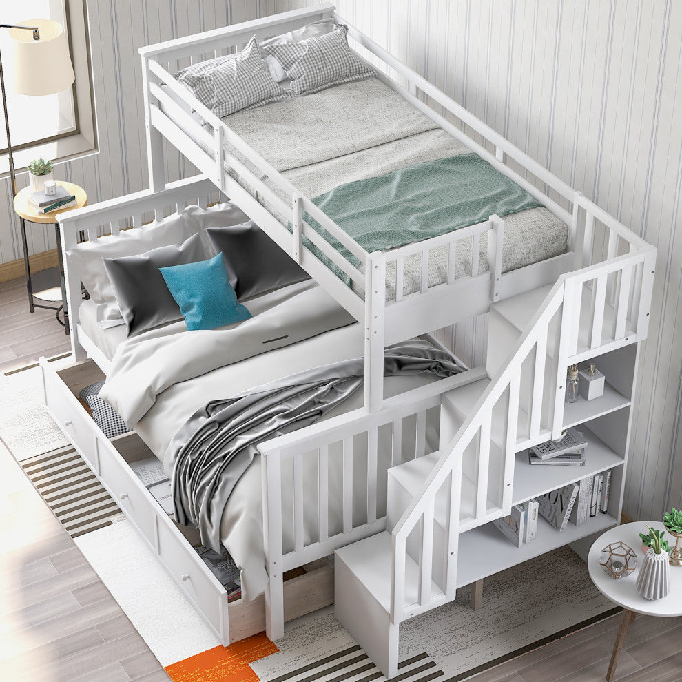 Gewnee Stairway Twin-Over-Full Bunk Bed with Drawer in White