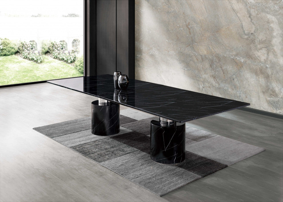 HomeRoots 120" X 48" X 30" Black Marble Stainless Steel Dining Table