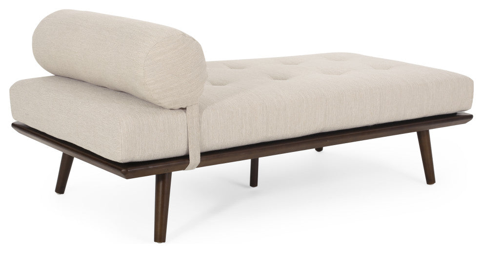 Lancer Mid Century Modern Tufted Chaise Lounge & Pillow, Beige/Natural Walnut