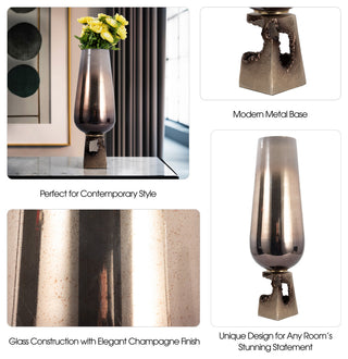 Glass, 26"H Vase, Metal Base, Champagne