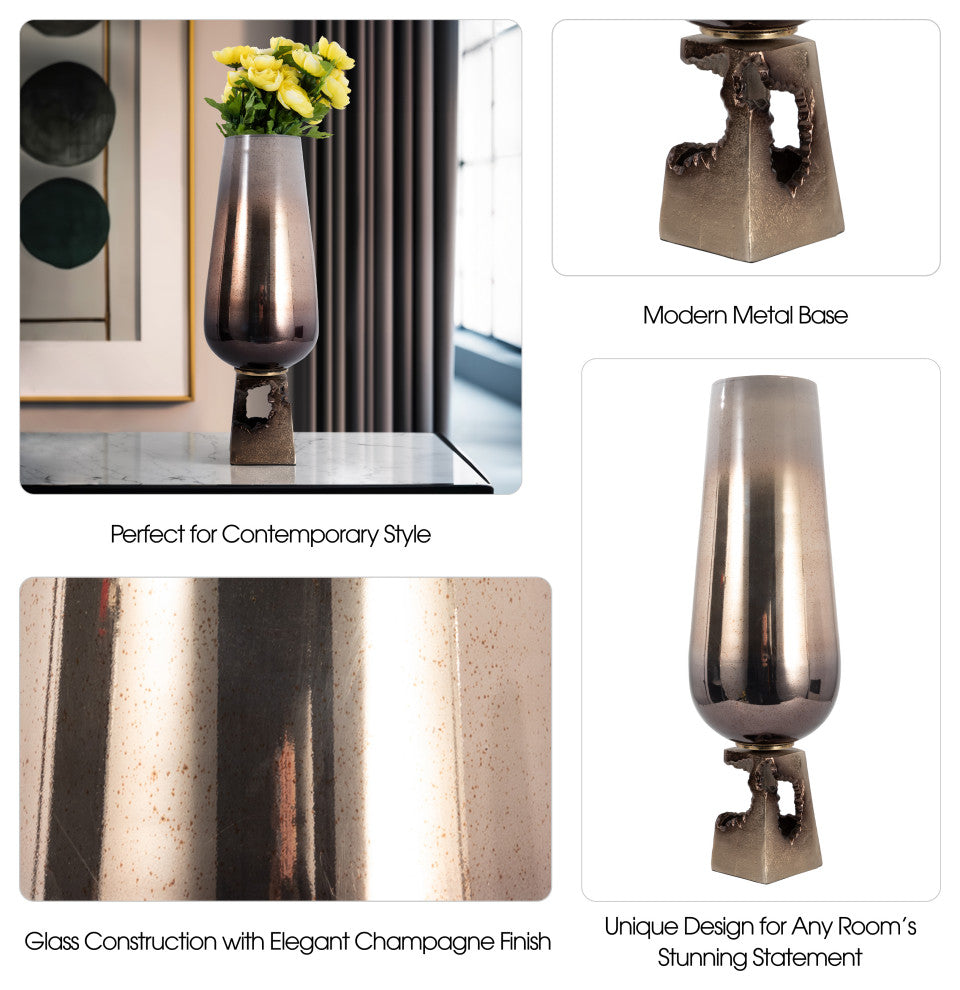 Glass, 26"H Vase, Metal Base, Champagne