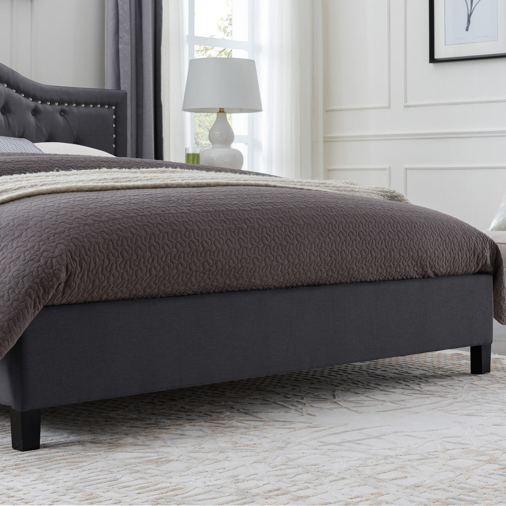 GDF Studio Margaret Fully-Upholstered Traditional King-Sized Bed Frame, Dark Gray/Dark Brown