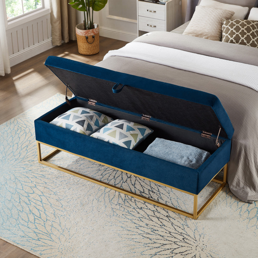 TATEUS Metal Base Bed Bench in Velvet Hidden Storage for Bedroom, Navy Blue