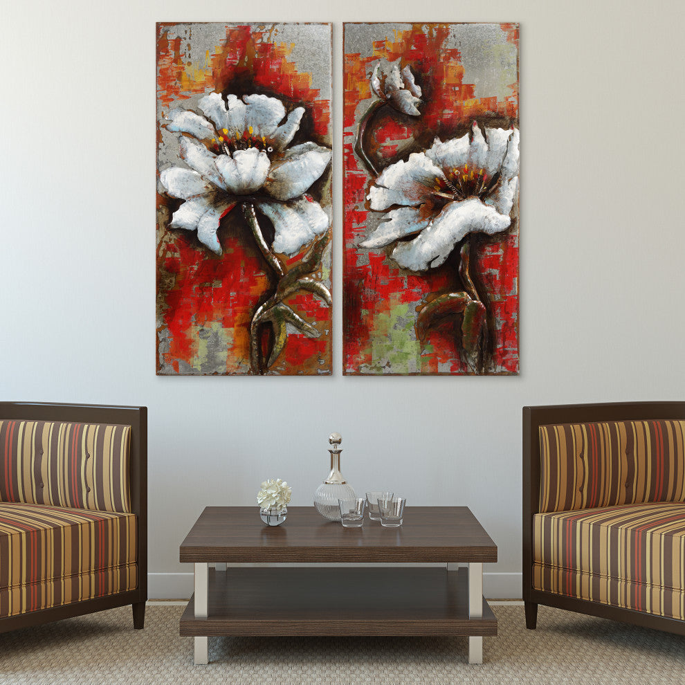 "Garden Rose" Mixed Media Iron Hand Painted Dimensional Wall Art Set of 2