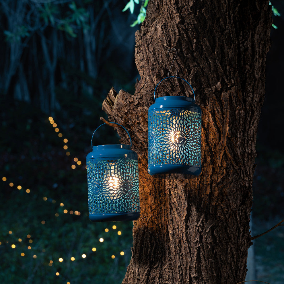 Metal Cutout Solar Powered Hanging Lantern, 2-Piece Set