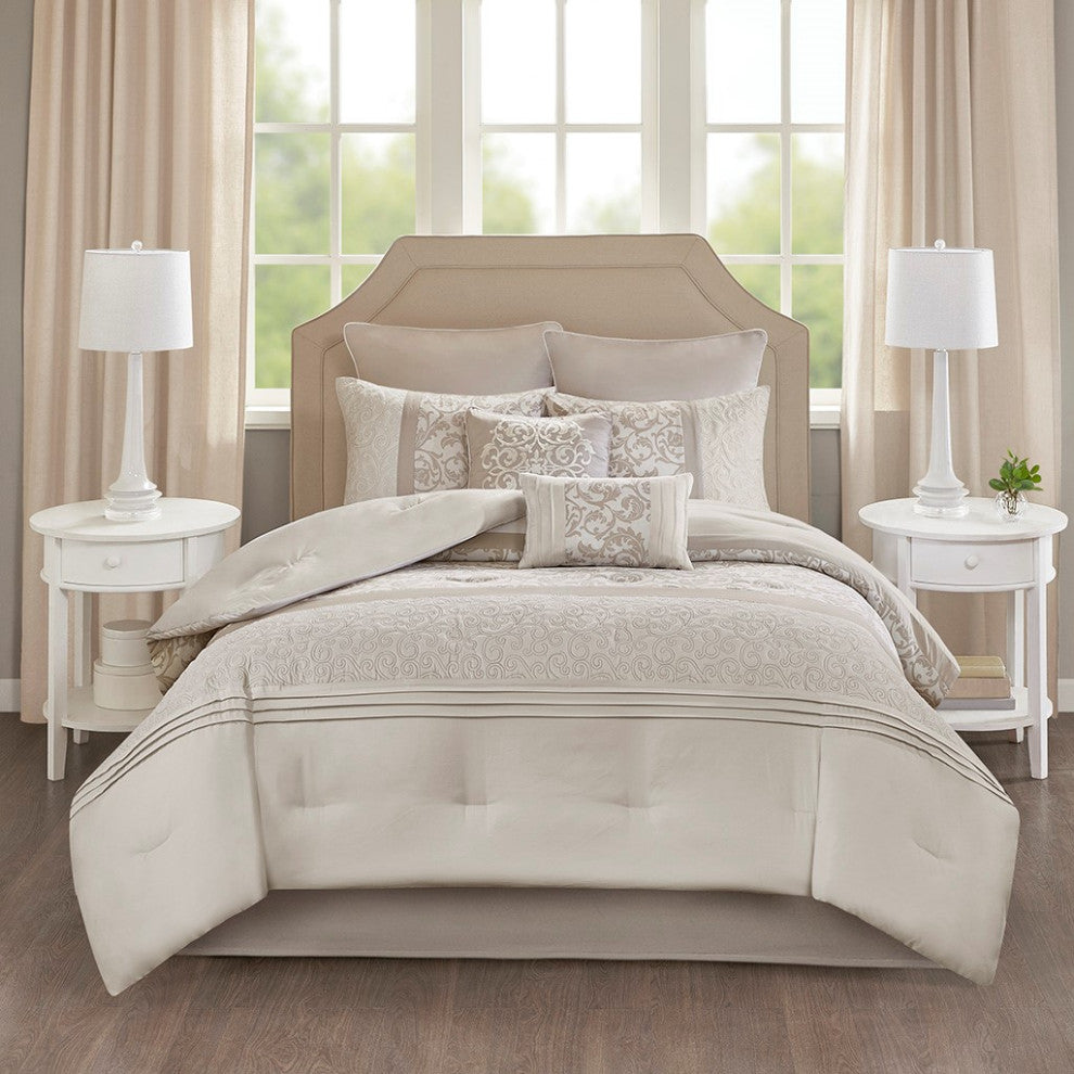 510 Design Ramsey Embroidered 8 Piece Comforter Set, Neutral, King