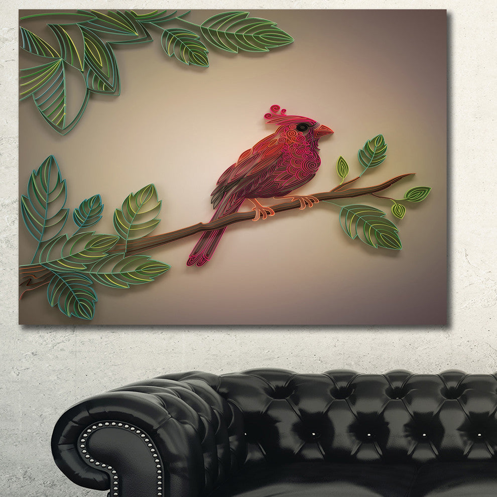 Red Paper Quilling of Cardinal Bird, Floral Canvas Art Print, 40"x30"