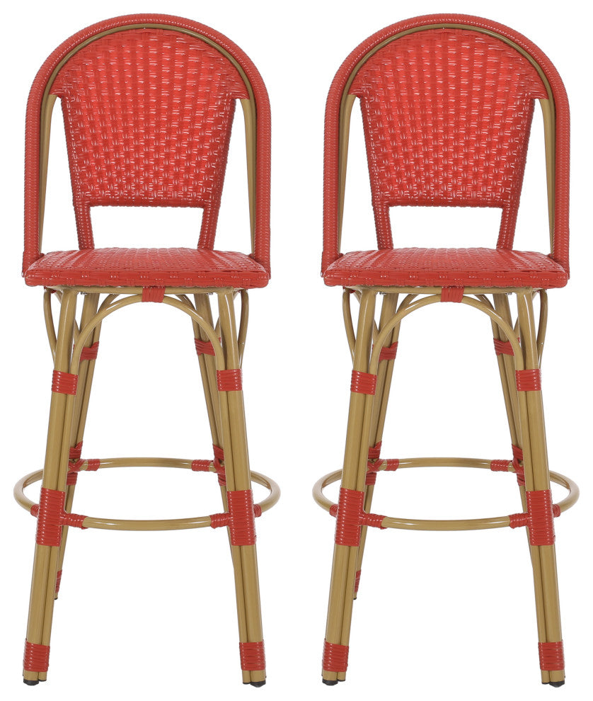 Cotterell Outdoor French Wicker and Aluminum 29.5" Barstools, Set of 2, Red/Bamboo Finish