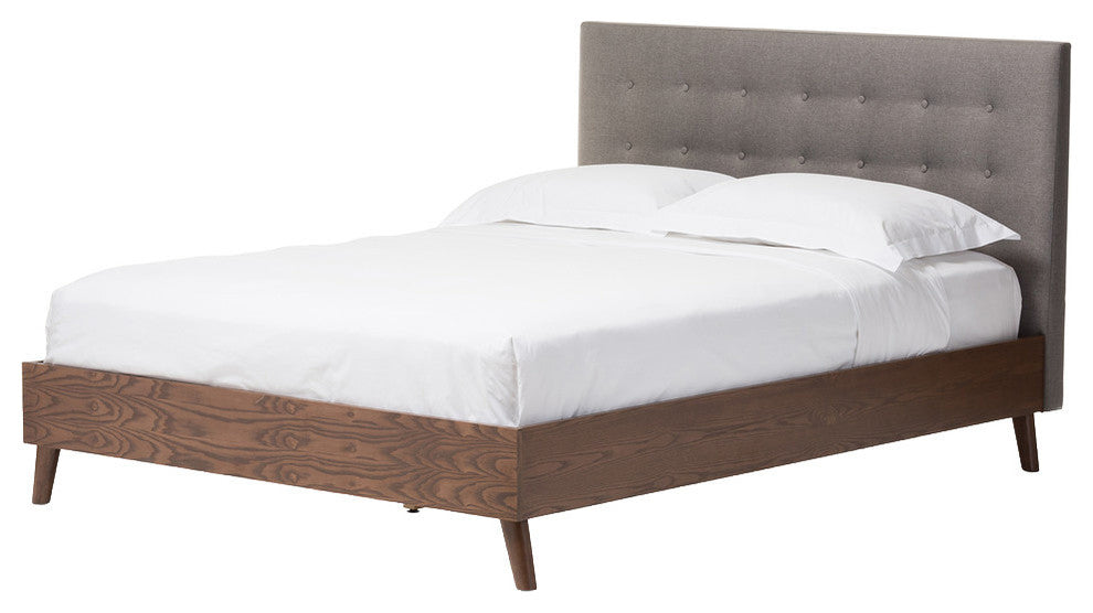 Alinia Retro Fabric Upholstered Walnut Wood Platform Bed, Gray and Walnut, Queen