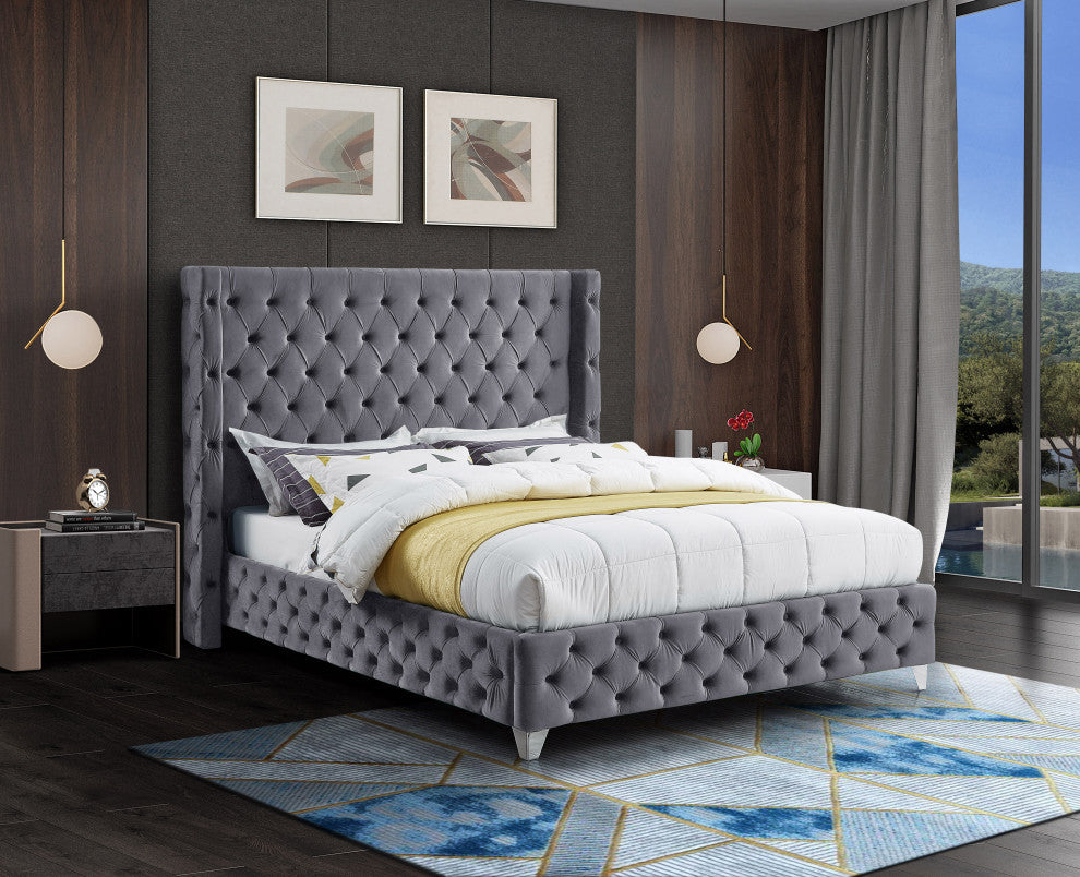 Savan Velvet Upholstered Bed, Gray, Queen