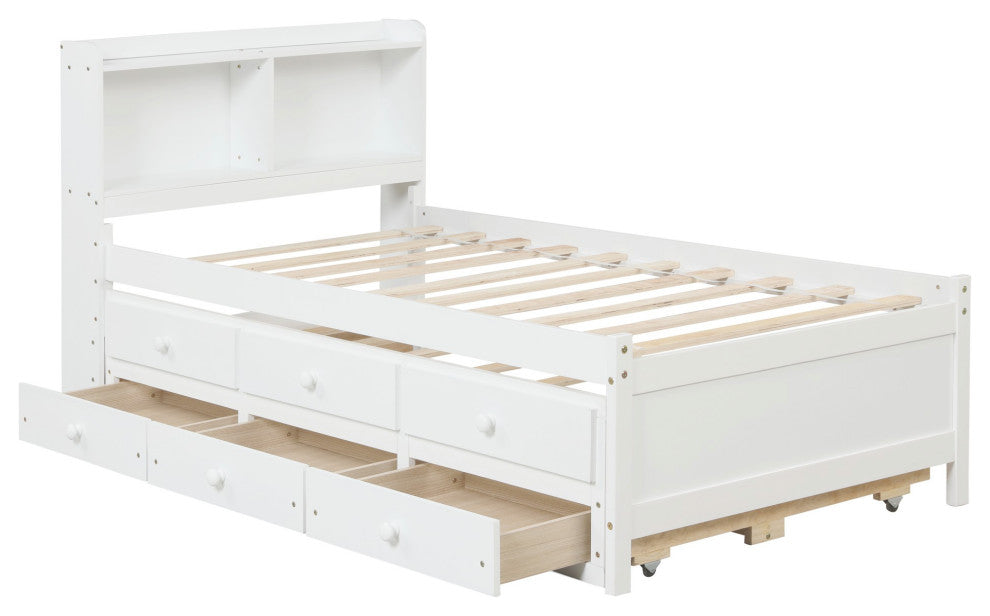 Full/Twin Wood Frame Platform Bed with Trundle and Drawers, White, Twin