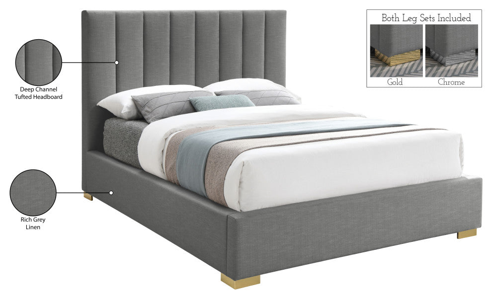 Pierce Linen Textured Fabric Upholstered Bed, Gray, Queen