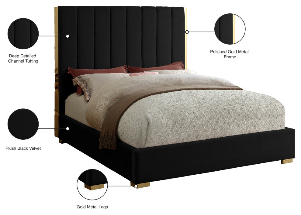 Becca Velvet Upholstered Bed, Black, Queen