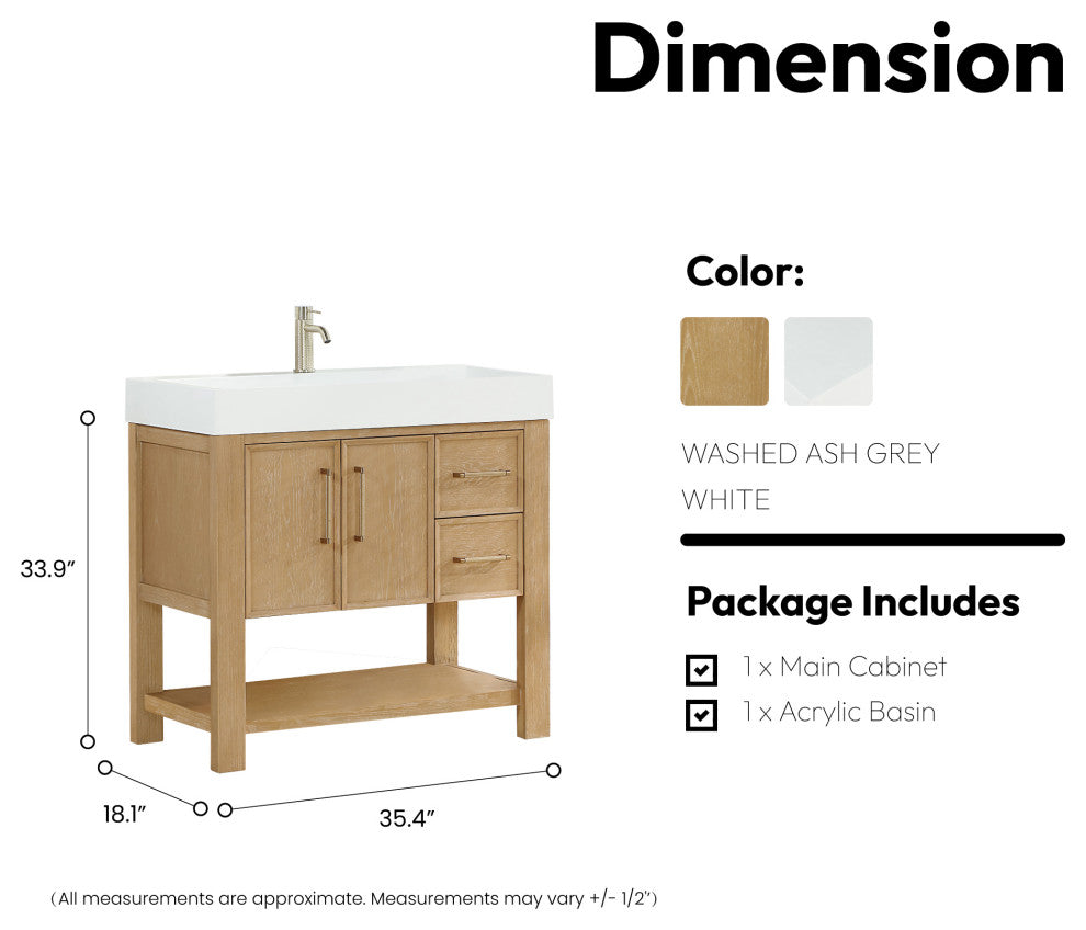 Vera Bath Vanity with Stone Top, Washed Ash Grey, 36", Single Vanity, No Mirror