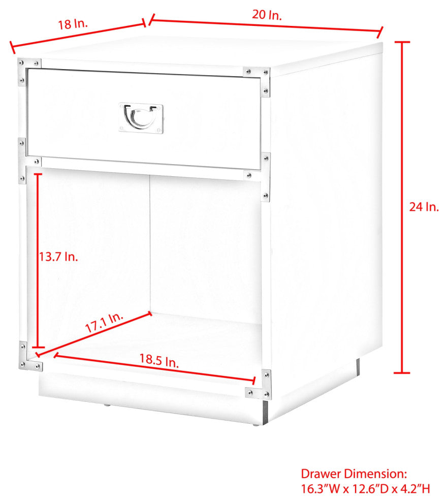 Leandro High Gloss Nightstand With Metal Corner Brackets, White