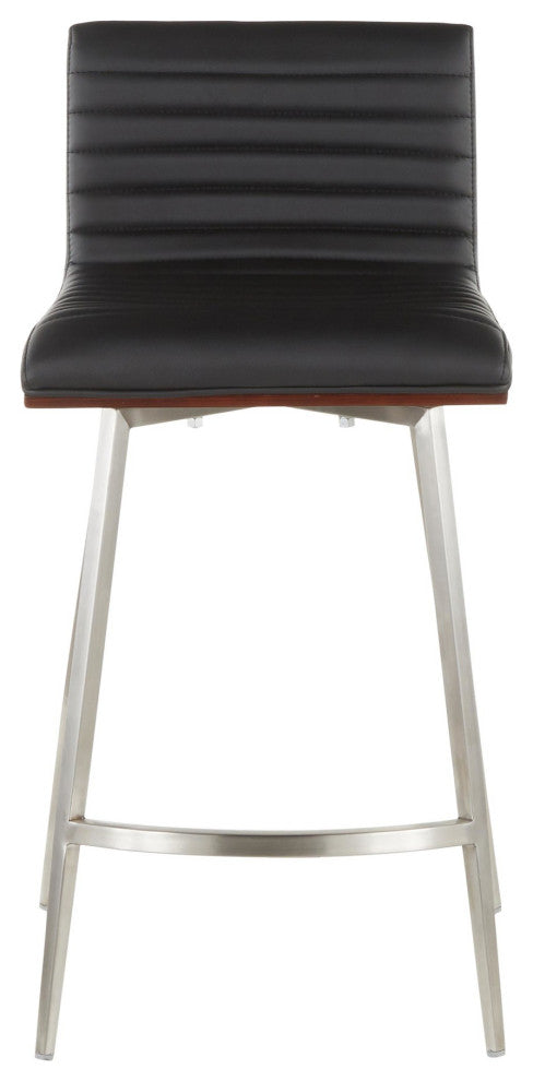 Mason Swivel Counter Stool, Set of 2, Stainless Steel/Walnut Wood/Black PU