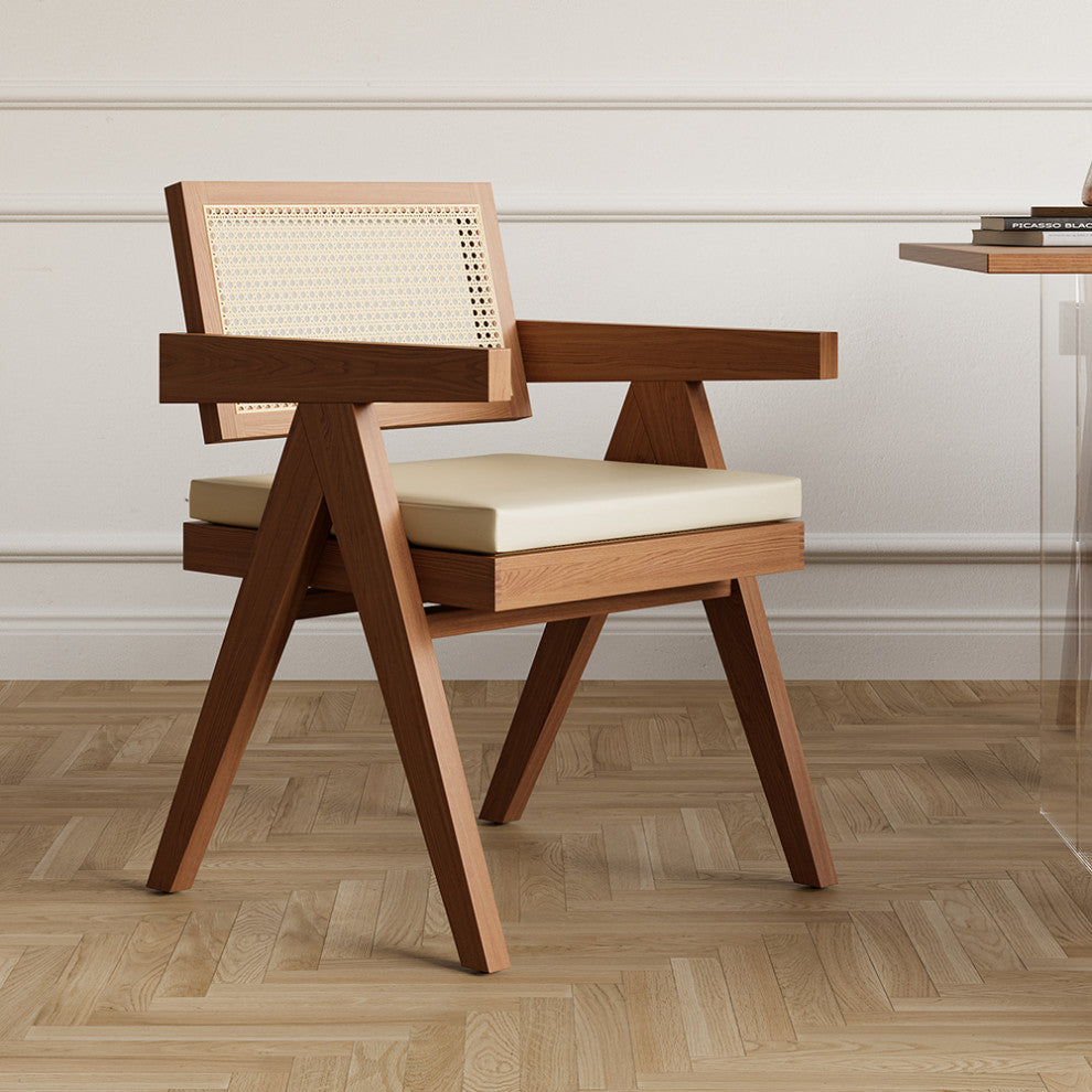 Archic Japandi Rattan Dining Chair, Walnut, With Upholstery