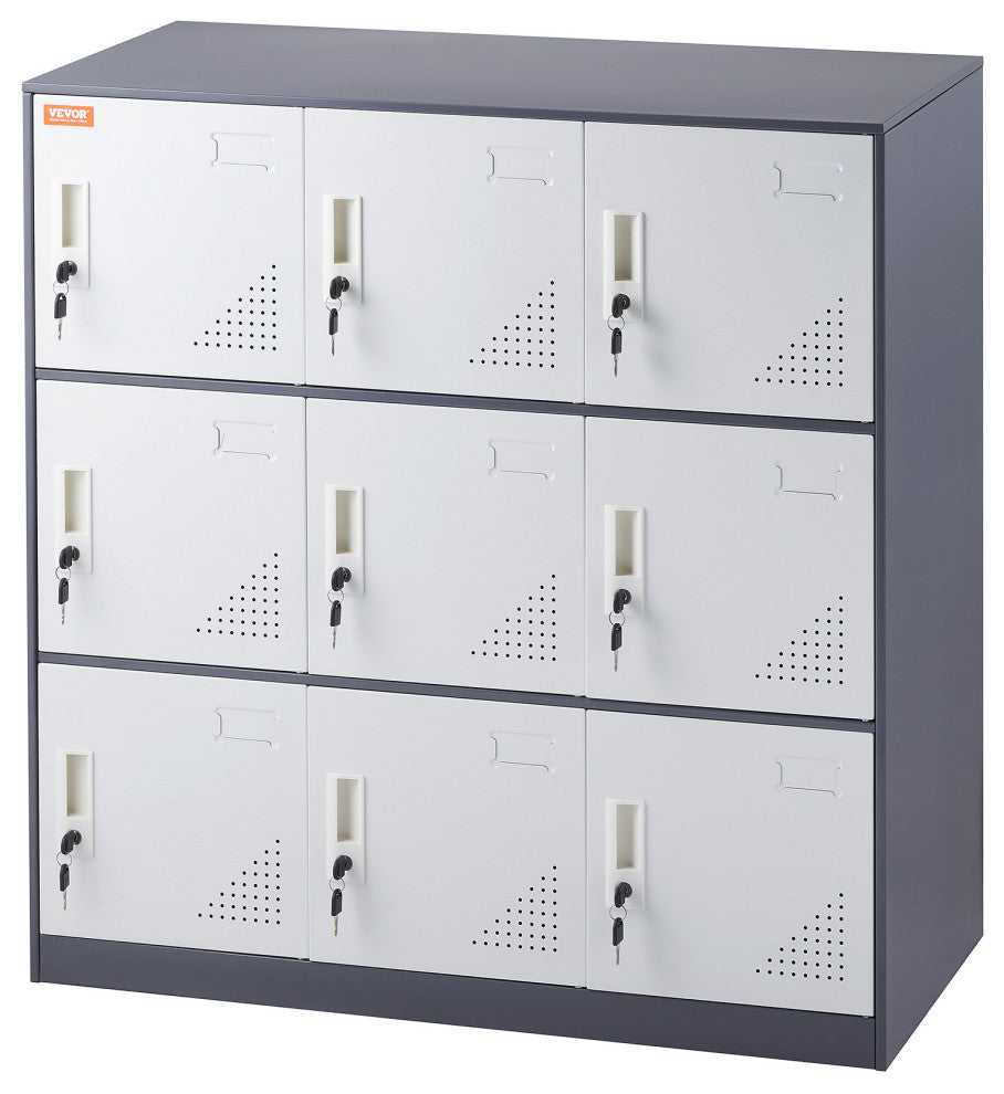 Metal Locker Cabinet 9 Compartment Steel Office School Gym Organize Storage, Gray